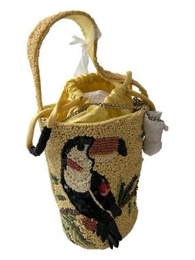 Toucan Yellow Beaded Sequin Bucket Handbag Purse Handcrafted In India Crossbody